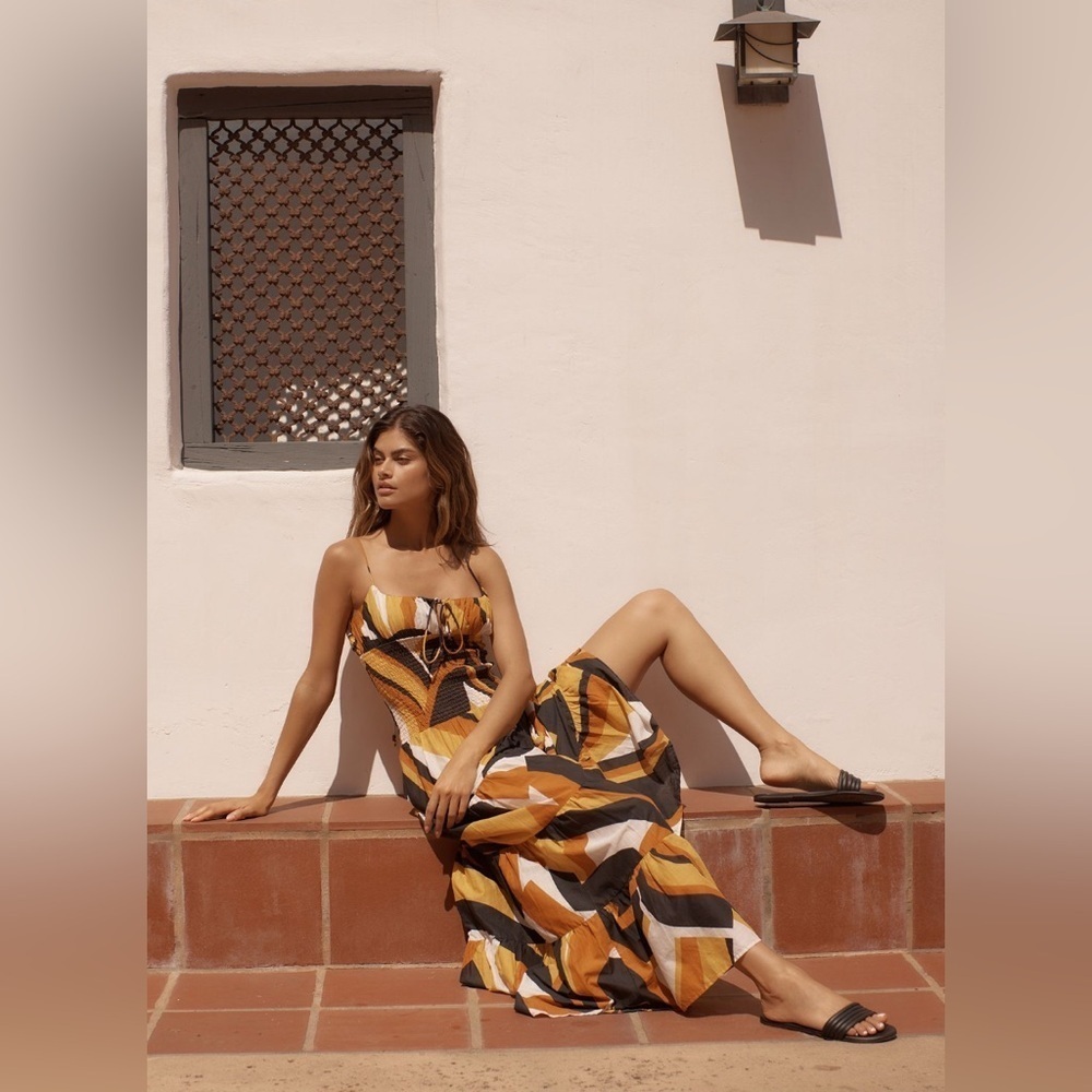 NWT Anthropologie Josephine Smocked Drop Waist Black Orange Maxi Dress Medium - Picture 5 of 10